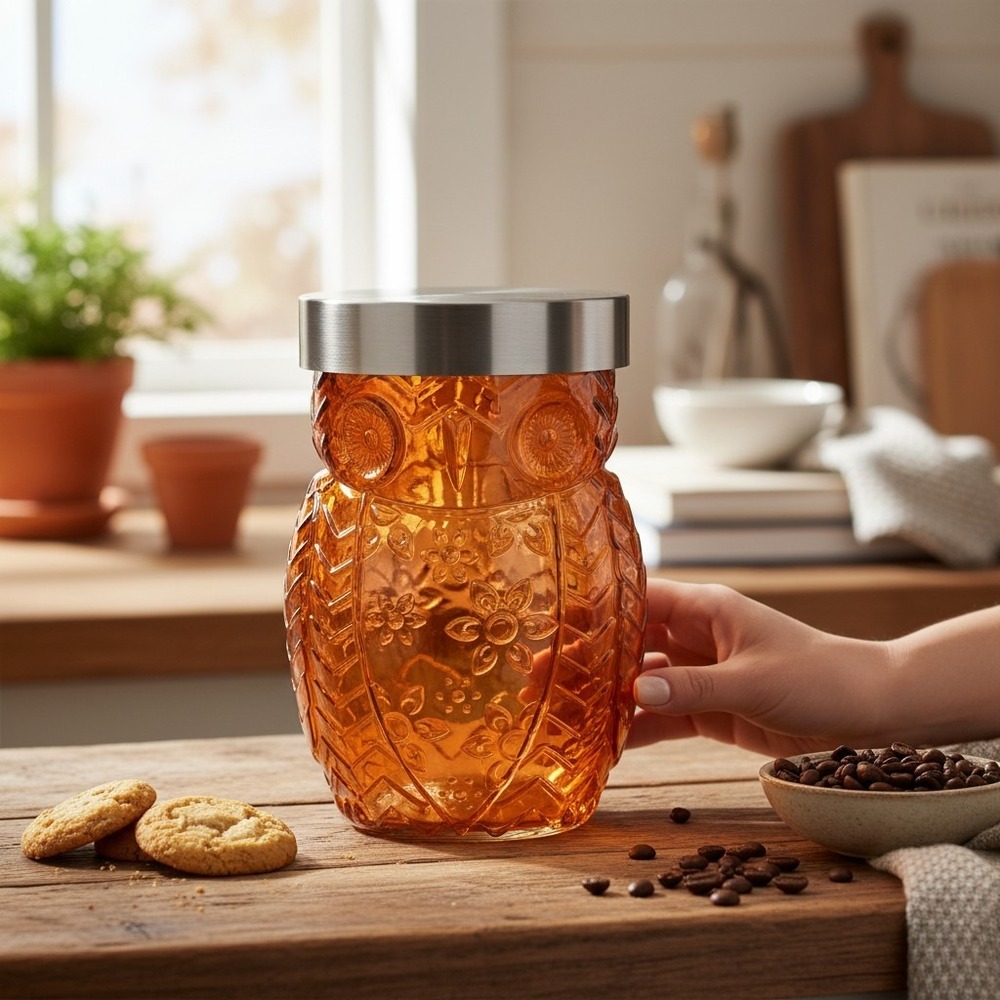 Circleware Owl Glass Canister Unisex OS Amber Orange Brand New 42oz Embossed